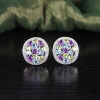 wholesale S925 sterling silver natural colorful gemstone earrings with rainbow gem peridot studs in round shape and European-American style-Natural Peridot + Topaz + Amethyst Earrings