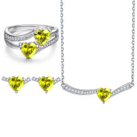 wholesale 925 Sterling Silver Heart Pendant Necklace with Colored Gemstone Yellow Stone Double Heart Ring and Love Earrings Jewelry Set of 3 Pieces-Earrings TLED101 925 silver