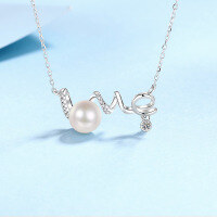 wholesale S925 Sterling Silver Natural Freshwater Pearl Necklace for Women with Moissanite LOVE Pendant Sweet and Light Luxury Choker Wholesale-8m round beads/moissanite 9.5 points