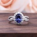 wholesale S925 Silver Oval Synthetic Sapphire Ring with Halo Diamond Setting and Frosted Floral Design, High-End New Women's Ring-0-5