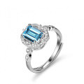 Sterling Silver Natural Blue Topaz Moissanite 1ct Emerald Cut Rectangle Ring-0-3