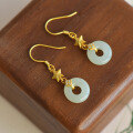 wholesale 925 Sterling Silver Vintage Style Jade Earrings with Certificate, Star-Inlaid Hetian Jade Peace Buckle Ear Hooks for Women-0-1