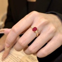 wholesale S925 Sterling Silver Classic Oval Pigeon Blood Red Diamond Ring Set with Red Corundum, Light Luxury Everyday Commuter Ring-Gold color Adjustable opening