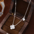 wholesale 999 Silver Ice Crushed Double Loop Four-Leaf Clover Necklace for Women, Minimalist Luxury Slim Waist Pendant Chain-0-1
