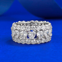 wholesale S925 Silver European and American Full Diamond Row Ring 4mm Heart-Shaped Small Row Ring Women's Full Diamond Wide Band Ring-R152 White Diamond Ring>Size 6