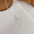 wholesale S925 Sterling Silver Inlaid Cross Tassel Pendant Necklace for Women, Fashionable, Unique, Retro, Versatile Collarbone Chain, Korean Style Trendy-0-2