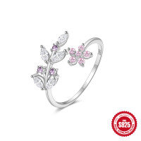 wholesale 925 Sterling Silver Pink Floral Leaf Creative Open Ring with Marquise Zircon, Unique Design-White gold Adjustable opening