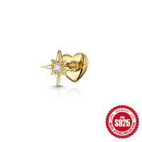 wholesale 925 Sterling Silver Ins Style Diamond Inlaid Octagonal Star Love Flat Head Cartilage Piercing Ear Studs-Single gold #3