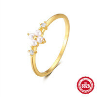 wholesale S925 Sterling Silver Exquisite Pearl Four-Leaf Flower Ring with Love and Diamond Inlay-Gold #2 7