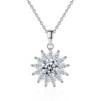 S925 Sterling Silver Moissanite Sunflower Pendant Necklace-Brilliant Necklace (White Gold)  1 Carat Moissanite