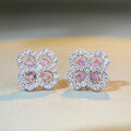 wholesale 925 Sterling Silver Four-Leaf Clover Ear Studs for Women, Ins Style Elegant Earrings with Pink Diamonds, Luxury Fashion Ear Accessories-0-1