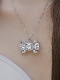 wholesale S925 Sterling Silver KoreanExaggerated Diamond-Encrusted Bow Necklace Minimalist Elegant Personality Choker Necklace for Women-xb693-white gold white diamond