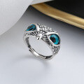 wholesale S925 Sterling Silver Creative Carved Pattern Blue Eye Owl Ring Exaggerated Unisex Index Finger Ring-0-0