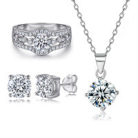 wholesale 925 Sterling Silver Jewelry Set 3-Piece, European and American Four-Prong Zircon Necklace, Hollow Row-Diamond Ring, Fashionable Stud Earrings-Earrings TLED009>925 silver