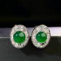 wholesale S925 Silver Needle Chalcedony Stud Earrings Egg Surface High Ice Agate Imperial Green Silver Earrings Factory Direct New Chinese Style Set-0-2