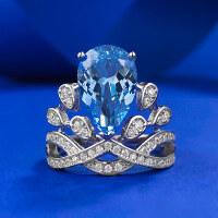 wholesale Metal material first, Mu Jing Jewelry Live New Crown Ring 8*12 Aquamarine Zircon Ring for Women, Simple and Stylish Celebrity Fashion-R082 Crown Aquamarine No.9
