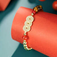 wholesale 【Small String of Coins】New Chinese Style 925 Silver Bracelet for Women, Natural Red Agate Tiger Eye Stone Bead Gift Wholesale-Tiger Eye Bracelet (16+3cm)  925 Silver