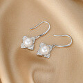 wholesale S925 Sterling Silver Long Elegant Natural Freshwater Pearl Four-Leaf Clover Earrings for Women, Minimalist Luxury High-End Earrings-0-2