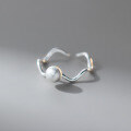 wholesale S925 Sterling Silver Fresh and Sweet Style Textured Brushed Bead Wave Open Ring R02684-0-0