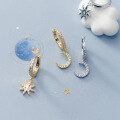 wholesale S925 Sterling Silver Ear Clips for Women, Korean Style Small Fresh Asymmetric Single Diamond Star Micro-Set Moon Earrings G6379-0-3