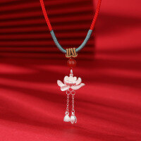 wholesale 990 sterling silver national trend lotus seed pod lotus necklace for women pure silver Xiaohongshu same style ancient method two-life joy pendant braided cord-Red string Silver