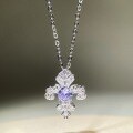 wholesale 925 Sterling Silver Iris Flower Necklace for Women, Small and Unique Vintage Style, Versatile Sterling Silver Collarbone Chain with Hollow-out Design and Purple/Carbon High Diamond Accents-0-5