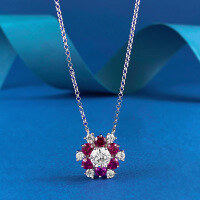 wholesale S925 Silver Red and Green Gemstone Sunflower One-Carat Diamond Necklace, Luxe Floral Pendant-N231 Red Diamond 925 Silver