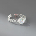wholesale S925 Sterling Silver Vintage-Inspired Minimalist Design Openwork Round Ring with Small Fresh Iridescent Glass Ring R02883-0-4