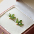 wholesale 18k gold-plated sterling silver natural bright green jade clover earrings with fine texture and vibrant color-0-2