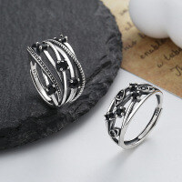 wholesale S925 Sterling Silver Creative Wide Geometric Multi-Layer Irregular Black Zircon Inlaid Ring, Ruili Fashion Statement Ring-348FJ/B model: approximately 2.8g &gt; opening adjustable