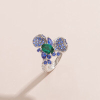 wholesale S925 Sterling Silver Set with Zambian Cultured Emerald Niche Design Ring Light LuxuryStyle-Cultured Emerald Ring  US Size 5 (Domestic Size 11)