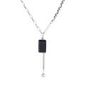 wholesale S925 Sterling Silver Black Square Pendant with English Lettering, Round Bead, and Tassel Necklace, Fashionable Trendy European and American Light Luxury Style Collarbone Chain-0-5