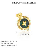wholesale S925 Sterling Silver Round Vintage Button Earrings with Inlaid White Shell, Luxury Advanced Style, Cross-Border Wholesale-YE0205_White Zircon/Malachite_18K Yellow Plated_Pair_With Small Flower Ear Caps 925 Silver