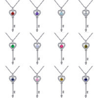 wholesale 925 Sterling Silver Zircon Birthstone Pendant Heart Key to Love Necklace European and American Cross-Border Fashion Necklace-Pink [October]>925 silver