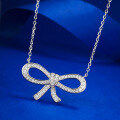 wholesale Metal: 925 Sterling Silver Bow Ribbon Necklace Pendant for Women, Classic Minimalist Fashion Style, Fully Diamond-Covered Choker-0-1