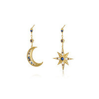 wholesale 925 Sterling Silver Asymmetrical Star Moon Earrings With Colorful Zirconia-E2774-Gold 925 Silver