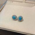 wholesale S925 Sterling Silver Light Luxury Fashion Old Money Style Brushed Process Crystal Diamond Carved Oval Blue Turquoise Ear Studs Earrings for Women-0-4