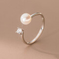 wholesale S925 Sterling Silver Single Diamond Pearl Open Ring in Minimalist Style with High-End Feel for Women R01738-0-0