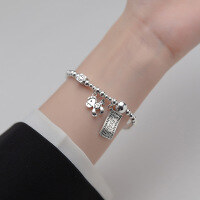 wholesale S925 Sterling Silver Taeyin Silver Bracelet for Women, Japanese and Korean Style Retro Banknote Small Wooden Horse Light Bead Smiling Hand Accessory S4986-S925 Silver Bracelet 925 Silver