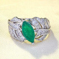 wholesale S925 Silver New Simulation Emerald Marquise Ring for Women, Leaf Design, Daily Elegant Style-0-0