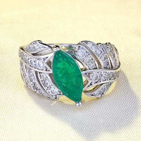 wholesale S925 Silver New Simulation Emerald Marquise Ring for Women, Leaf Design, Daily Elegant Style-R678 Green Diamond No. 7