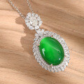 wholesale [925 Sterling Silver] Green Chrysoprase Cabochon Pendant Necklace for Women, New Chinese Style Minimalist Elegant Unique Collarbone Chain Gift-0-0