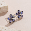 wholesale S925 Sterling Silver Five-Petal Flower Stud Earrings with Lab-Grown Royal Blue Sapphire, High-End and Stylish-0-3