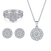 wholesale 925 Sterling Silver European and American Style Ring Set Stackable Rings Earrings Women's Elegant Floral Zircon Three-Piece Jewelry Set-Ring TL-480 + Earrings TLED104 + Necklace TLXL124  US Size 7#