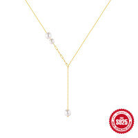 wholesale 925 Silver New Retro Paperclip Chain Pearl Pendant Y-Shaped Collarbone Necklace-Gold 925 silver