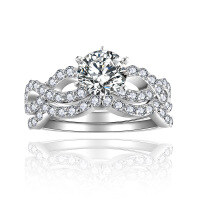 wholesale Metal material first, Amazon best-selling round 1-carat moissanite set ring women's engagement ring versatile wave stackable ring-Total 1.0ct + 0.81ct (side stone)  US size 5.5