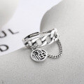wholesale S925 Sterling Silver Retro Vintage Chain Link Ring with Creative Auspicious Chinese Character Pendant and Adjustable Opening-0-1