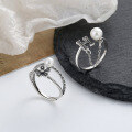 wholesale S925 Sterling Silver H Letter Pearl Tassel/Double-Layer Flower Pearl Ring, Small Luxurious Style Elegant Lady's Ring-0-0