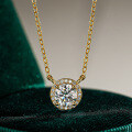 14K Gold Plated 925 Silver Full Halo Moissanite 1ct Round Pendant Necklace-0-4