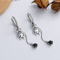 wholesale S925 Sterling Silver Korean Style Instagram Viral Bear Stud Earrings with Black Cubic Zirconia Inlay and Fringe Drop-0-0